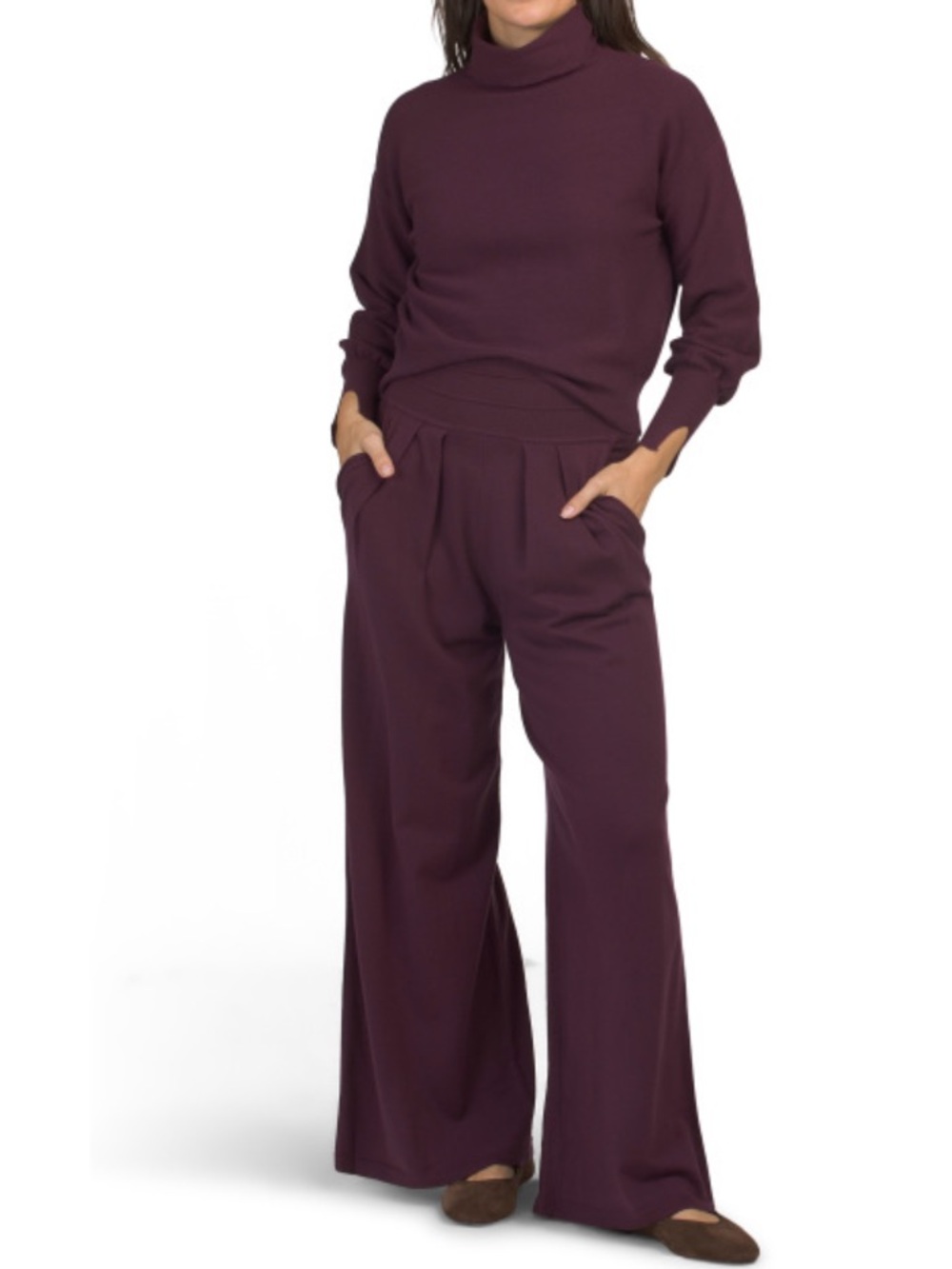SIONI 2 Piece Turtleneck Sweater & Wide-Leg Knit Pants in Deep Plum